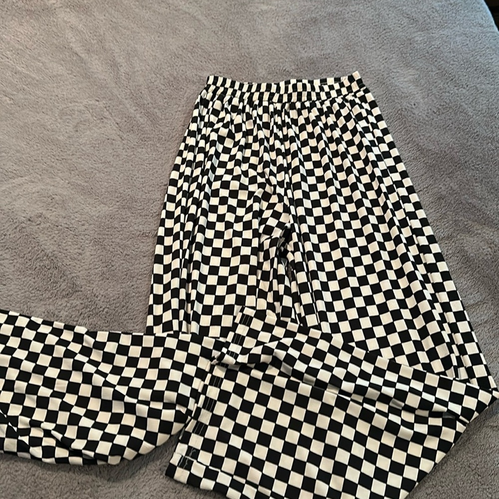 Wide Leg Checkerboard Pants - Black & White